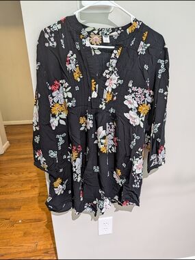 Old Navy Black Floral Blouse with Green, Yellow & White Accents